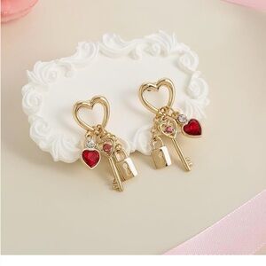Madison Tyler Heart Earrings Dangle| Gold Heart-and Key Earrings w/ Red Accents